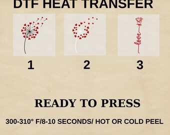 Custom DTF Heat Transfer, Valentine Heart Dandelion, Ready To Press, Personalized Name Print