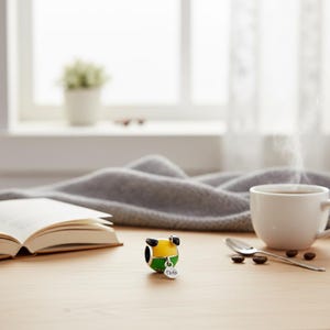 May include: A colourful charm with a yellow, green, and black design, with a small tag reading "Pluto." The charm sits on a wooden surface, beside a cup of coffee, a spoon, and coffee beans. A book and a grey blanket are also in the background.