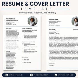 Pode incluir: Um modelo de currículo e carta de apresentação em tamanho A4, 210 x 297 mm, com um layout profissional que inclui seções para educação, experiência profissional e perfil. Inclui um marcador de posição circular para foto.