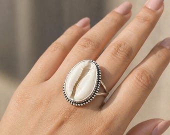 Sterling Silver Cowrie Shell Ring, Oxidized Boho Beach Statement Jewelry