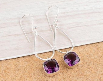 Handmade Amethyst Teardrop Earrings, 925 Sterling Silver Dangle Jewelry