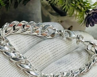 925 Sterling Silver Chunky Cuban Chain Bracelet, Handmade Statement Jewelry