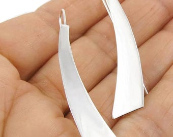 925 Sterling Silver Long Curved Dangle Earrings, Minimalist Modern Statement Jewelry