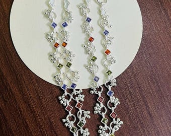 925 Silver Multi Stone Anklet Pair, Handmade Indian Payal, Colorful Gemstone Anklets, Traditional Silver Payal, Ghungroo Anklet Gift For Her