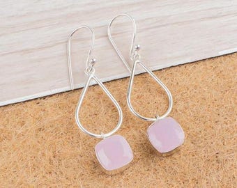 Handmade Rose Quartz Teardrop Earrings, 925 Sterling Silver, Minimalist Pink Gemstone Jewelry