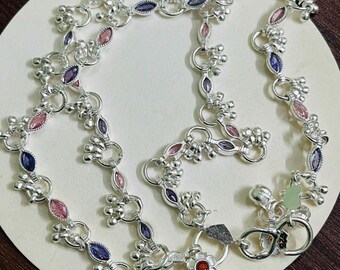 925 Silver Indian Payal 10 Inch, Handmade Anklet Pair, Floral Anklets, Sterling Silver Anklets, Indian Jewelry, Ghungroo Payal