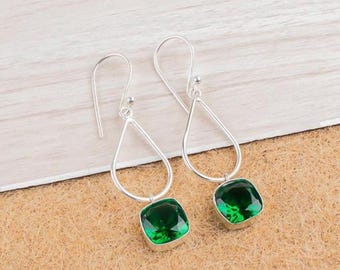 Emerald Green Gemstone Dangle Earrings, 925 Sterling Silver, Minimalist Teardrop, May Birthstone