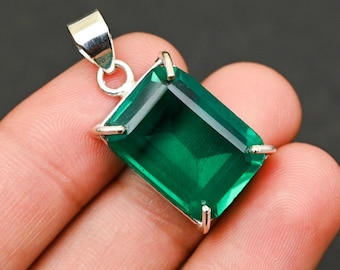 Handmade Emerald Pendant, Square Cut Gemstone, Sterling Silver, Minimalist May Birthstone