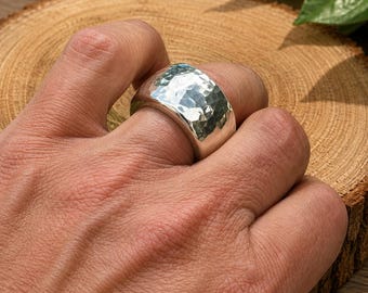 Men's Heavy 925 Sterling Silver Hammered Statement Band Ring