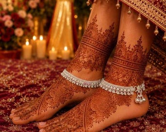 925 Hallmarked Sterling Silver Heavy Multi Stone Anklet Pair, Bridal Indian Payal, Traditional Wedding Anklet, Statement Foot Jewelry