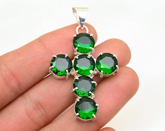 Handmade Emerald Cross Pendant, 925 Sterling Silver, May Birthstone Jewelry