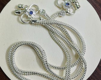 925 Silver Anklet Pair, Handmade Indian Payal, Silver Chain Anklets, Blue Stone Floral Anklet, Traditional Foot Jewelry Gift For Her