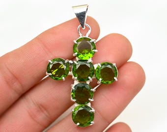 Peridot Cross Pendant, Handmade 925 Sterling Silver, August Birthstone Christian Jewelry
