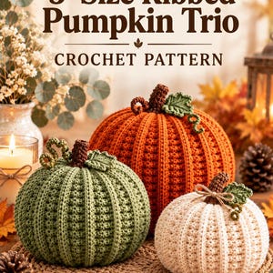 Modèle PDF de citrouille au crochet côtelé en 3 tailles, décoration automnale de trio de citrouilles, crochet pour Halloween et Thanksgiving, niveau débutant, téléchargement instantané