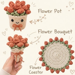 Flower Coaster Crochet Pattern PDF, Rose Bloom Arrangement, Floral Decor Design, Convertible Bouquet Display, Home Accent