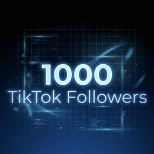 Op de afbeelding: Digitale afbeelding met de tekst "1000 TikTok Followers" in een gloeiend, lichtblauw lettertype. De achtergrond is een donkerblauw raster met subtiele lichteffecten, wat wijst op een technologie- of social media thema.