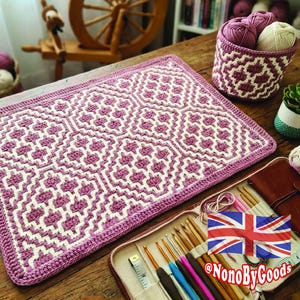 Conjunto de patrones para cesta y alfombra de baño de ganchillo con mosaico, tutorial para contenedor de almacenamiento geométrico, decoración moderna para el hogar (hazlo tú mismo), descarga digital en PDF.