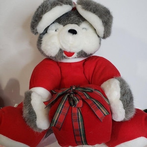 Entzückende Vintage 80er Weihnachten Roter Pajama Grau Maus Plüsch 25cm Kuscheltier