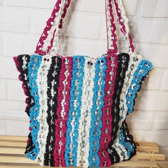 COOL Recycled Pop-top Striped Crochet Shoulder Bag Vintage