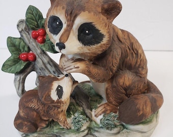 Adorable Vintage Woodland Porcelain Raccoon with Baby Kit Figurine Realistic
