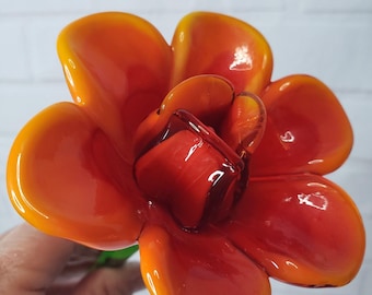 Lampwork Orange Glass Long Stem Flower Decorative Sculpture 15" Art Deco Style
