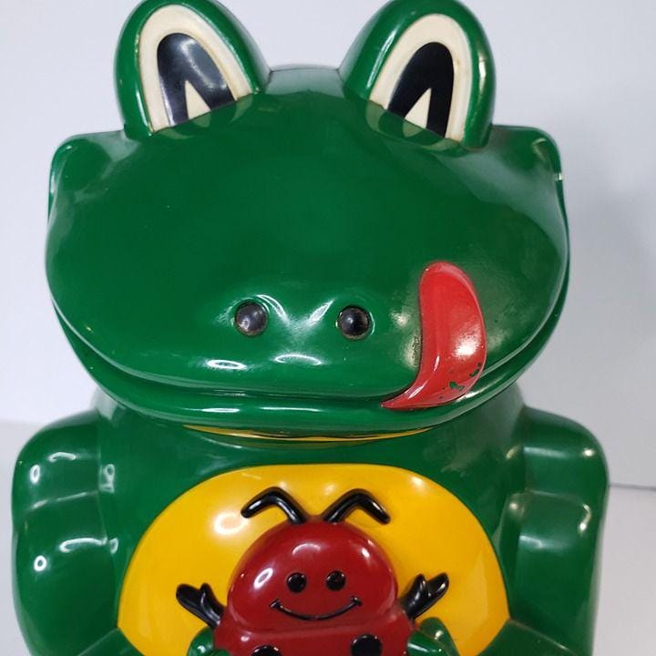 Vintage 90s Musical Green Plastic Frog Cookie Jar Jeremiah Was a