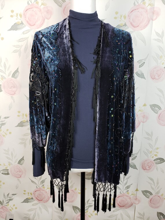 Vintage Beautiful Navy Floral Bead & Sequin Top Wo