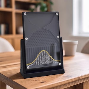 Può includere: Un orologio da scrivania nero con un display trasparente e decorato che mostra un motivo a onda gialla. L'orologio è montato su una base nera e fissato con viti argentate. È su un tavolo di legno. Misure in centimetri.