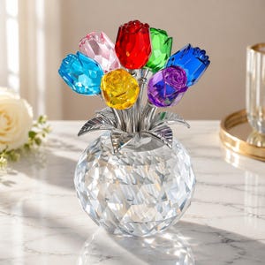 Crystal Rose Flower Ornament, Glass Rose Bouquet, Decor for Home, Flower Gift For Her, Anniversary Gift