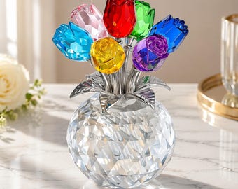 Crystal Rose Flower Ornament, Glass Rose Bouquet, Decor for Home, Flower Gift For Her, Anniversary Gift