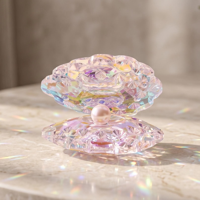 Pode incluir: Uma concha decorativa de vidro iridescente com uma p&eacute;rola no interior. A concha &eacute; feita de vidro facetado, refletindo a luz com um efeito arco-&iacute;ris. A p&eacute;rola &eacute; de cor rosa p&aacute;lido, situada no centro da concha aberta.