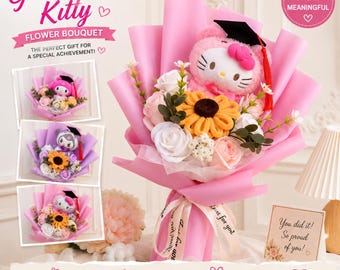 Buquê de flores com gatinho para formatura, presente fofo de pelúcia para formatura, buquê de rosas com gatinho kawaii, flores de formatura feitas à mão, presente para ela.