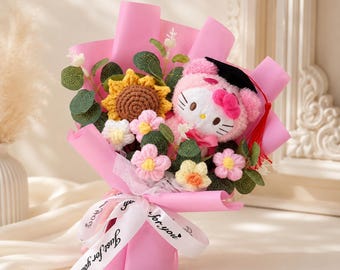 Buquê de flores com gatinho para formatura, presente fofo de pelúcia para formatura, buquê de rosas com gatinho kawaii, flores de formatura feitas à mão, presente para ela.
