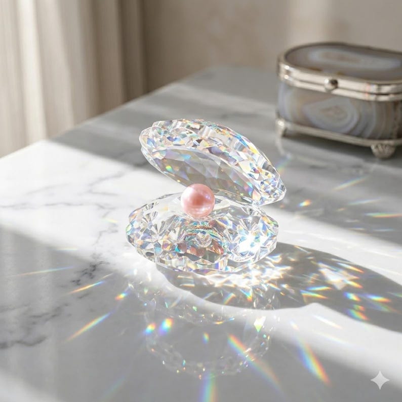 Pode incluir: Uma concha de cristal com uma p&eacute;rola rosa no interior. A concha est&aacute; aberta, revelando a p&eacute;rola. O cristal reflete a luz, criando um efeito arco-&iacute;ris. Uma pequena caixa decorativa est&aacute; ao fundo.