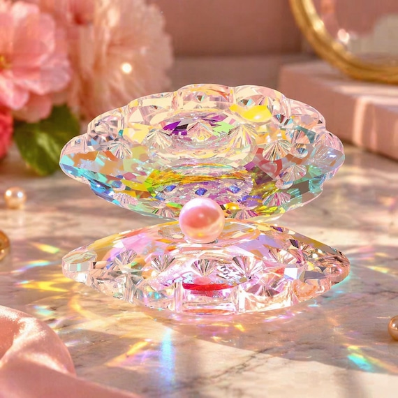 Crystal Clam Shell Ornament, Pearl Seashell Figurine, Reflective Sun Catcher Decor, Aesthetic Desk Decor, Unique Gift for Her