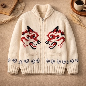May include: Cream-coloured zip-up sweater with a shawl collar and two front pockets. The sweater features a bold design of two red and black dragon-like figures on the front. The cuffs and hem are decorated with a blue and grey pattern.