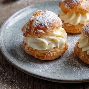Puede incluir: Primer plano de profiteroles en un plato azul claro. La pasta dorada está rellena de crema blanca y espolvoreada con azúcar glas. El plato está sobre una superficie de madera, con más profiteroles en el fondo.