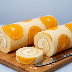 Puede incluir: Dos bizcochos suizos decorados con rodajas de naranja, con una rebanada cortada que revela un relleno cremoso. Los bizcochos están sobre una tabla de madera, con un cuchillo plateado. Los bizcochos son de color crema claro.