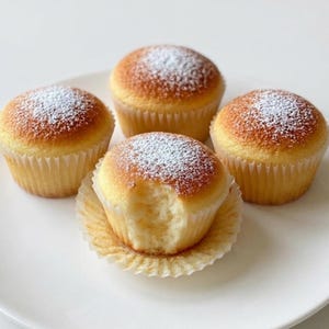 以下が含まれることがあります： 白いお皿に、粉砂糖をまぶした4つの黄金色のカップケーキ。1つのカップケーキは一口食べられており、柔らかい中身が見えています。カップケーキは紙のライナーに入っています。