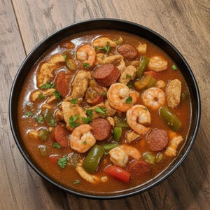 Könnte beinhalten: Eine schwarze Schüssel mit einem herzhaften Eintopf. Der Eintopf enthält Garnelen, Hühnchen, Wurst, grüne und rote Paprika und Kräuter. Die Zutaten sind in einer reichhaltigen, rotbraunen Brühe enthalten. Ein köstliches und schmackhaftes Gericht.