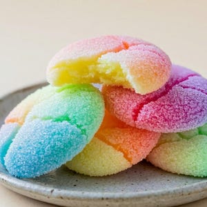 May include: A plate of rainbow-coloured cookies. The cookies are round and covered in sugar crystals. One cookie has a bite taken out of it, revealing a yellow interior. The cookies are arranged in a pile.