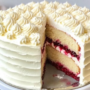 Puede incluir: Un pastel redondo con glaseado blanco y una rebanada quitada, que revela capas de bizcocho amarillo y relleno rojo. La parte superior está decorada con remolinos de glaseado. El pastel está sobre un soporte plateado.
