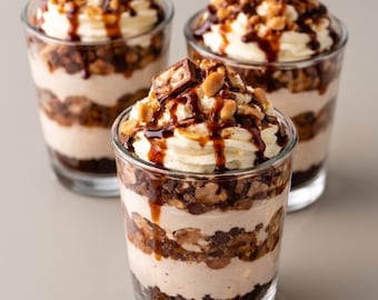 Receta de tarta de queso con vasitos de postre Snickers / Sin horno, postre fácil (Descarga en PDF)