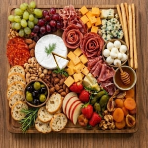 Könnte beinhalten: Ein hölzernes Charcuterie-Brett mit einer Vielzahl von Lebensmitteln. Enthält Trauben, Käse, Salamirosen, Nüsse, Cracker, Oliven, Erdbeeren und Honig. Perfekt für eine Party oder ein Treffen.