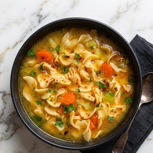 Pode incluir: Vista de cima de uma tigela preta cheia de sopa de galinha com macarrão. A sopa contém macarrão de ovo, frango desfiado, rodelas de cenoura e aipo em um caldo amarelo. Enfeitada com salsa e flocos de pimenta vermelha.