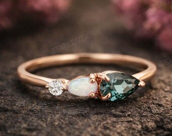 Alexandrite Opal CZ Ring Rose Gold Dainty Trio Stone Ring Pear Alexandrite Engagement Promise Ring Unique Minimalist Gift for Her