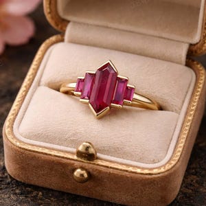 Hexagon Ruby Engagement Ring Gold, Art Deco Red Stone Ring, Vintage Red Gemstone Ring, Unique Promise Anniversary Gift for Her