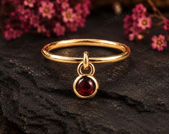Garnet Charm Ring, 14K Yellow Gold Bezel Set Ring, Minimalist Red Gemstone Ring, Dainty Promise Ring Gift for Women