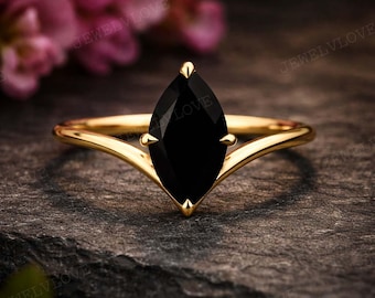Black Onyx Marquise Engagement Ring, 14K Yellow Gold Minimalist Ring, Gothic Promise Ring, Unique Bridal Ring, Anniversary Gift for Women