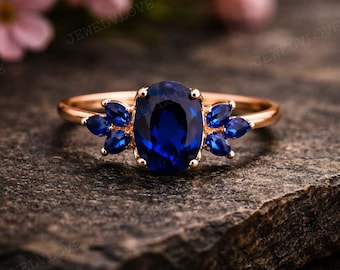 Blue Sapphire Engagement Ring Rose Gold, Oval Sapphire Floral Ring, Vintage Art Deco Promise Ring, September Birthstone Gift